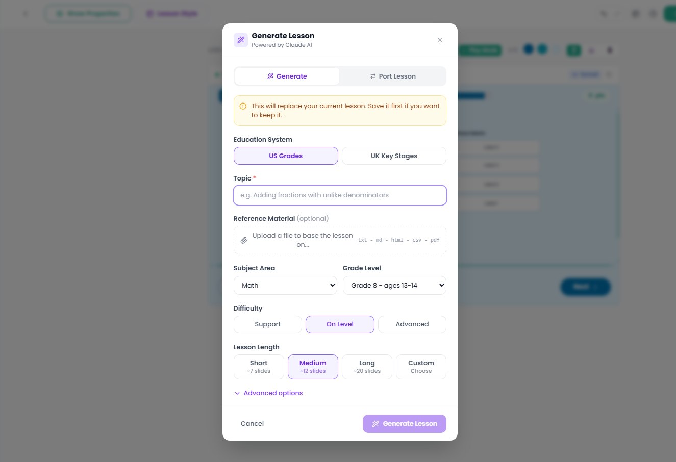 Generate Lesson dialog with fields for education system, topic, subject, grade level, difficulty and lesson length